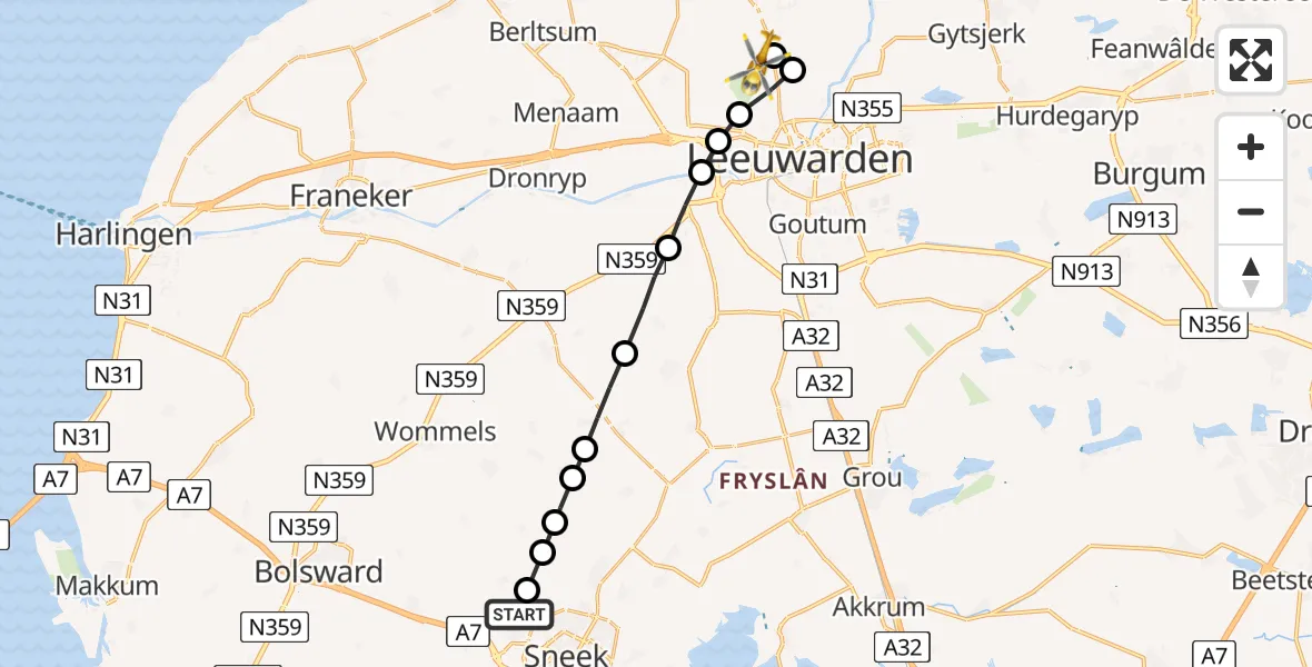 Vluchtroute Ambulancehelikopter van Ysbrechtum naar Vliegbasis Leeuwarden