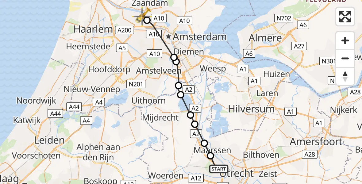 Vluchtroute Traumahelikopter Utrecht - Amsterdam Heliport, 07 juli 2024, 15:41