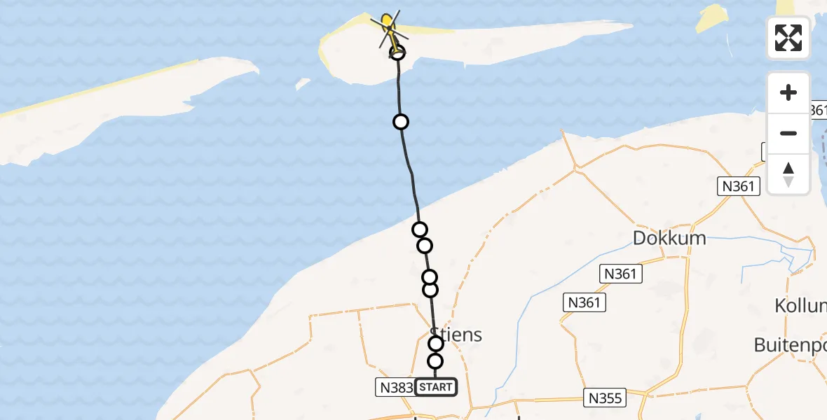 Routekaart van de vlucht: Ambulancehelikopter naar Ameland Airport Ballum, Efterste Dyk