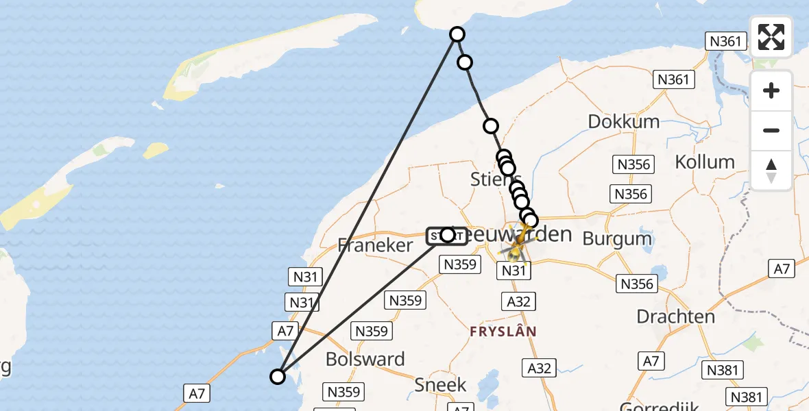 Vluchtroute Ambulancehelikopter Menaam - Leeuwarden, 07 juli 2024, 17:55