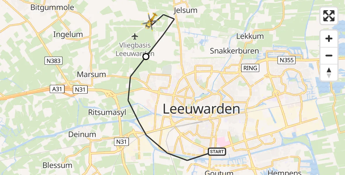 Vluchtroute Ambulancehelikopter Leeuwarden - Vliegbasis Leeuwarden, 07 juli 2024, 18:29
