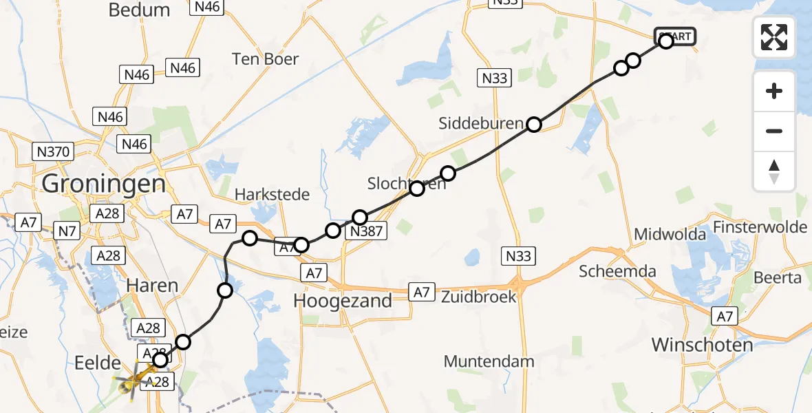 Vluchtroute Traumahelikopter Termunterzijl - Groningen Airport Eelde, 07 juli 2024, 20:08