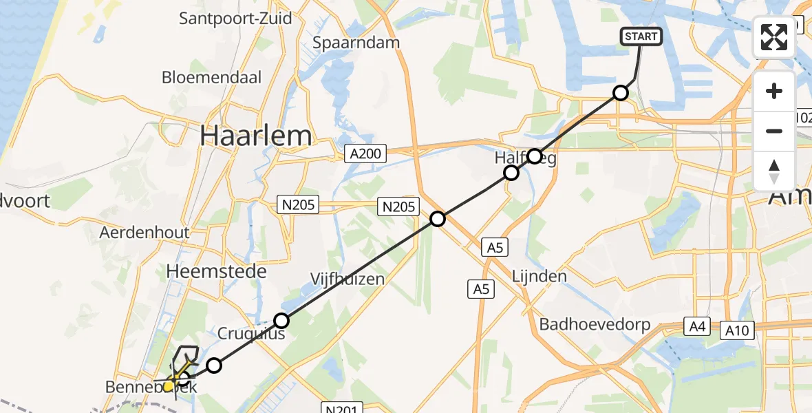 Routekaart van de vlucht: Lifeliner 1 naar Heemstede, Nieuw-Zeelandweg