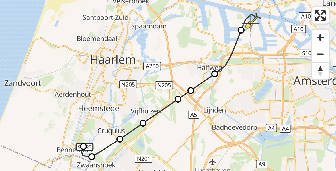 Routekaart van de vlucht: Lifeliner 1 naar Amsterdam Heliport, Abraham van der Hulstlaan