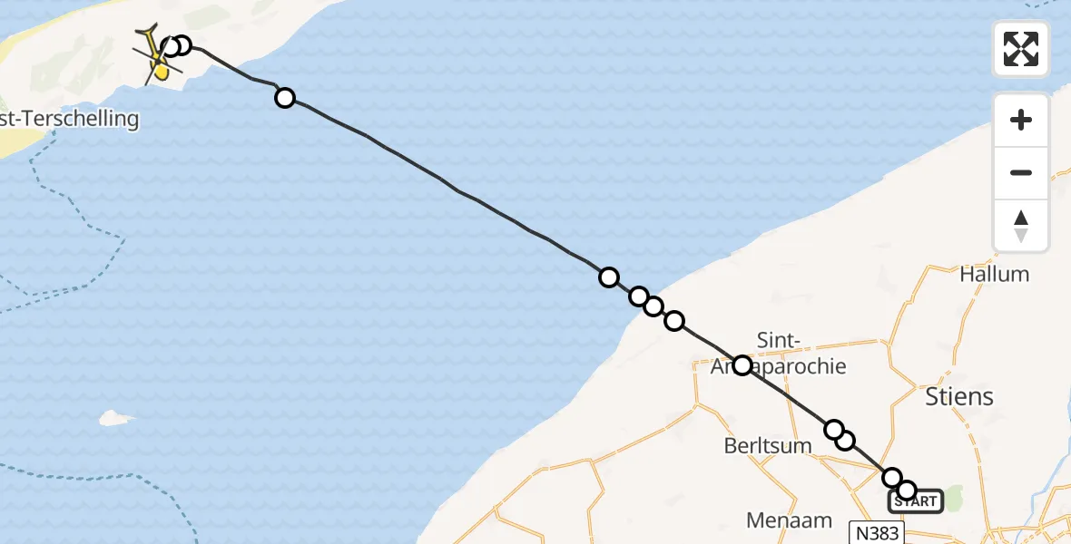 Routekaart van de vlucht: Ambulanceheli naar Midsland, Dyksterhuzen