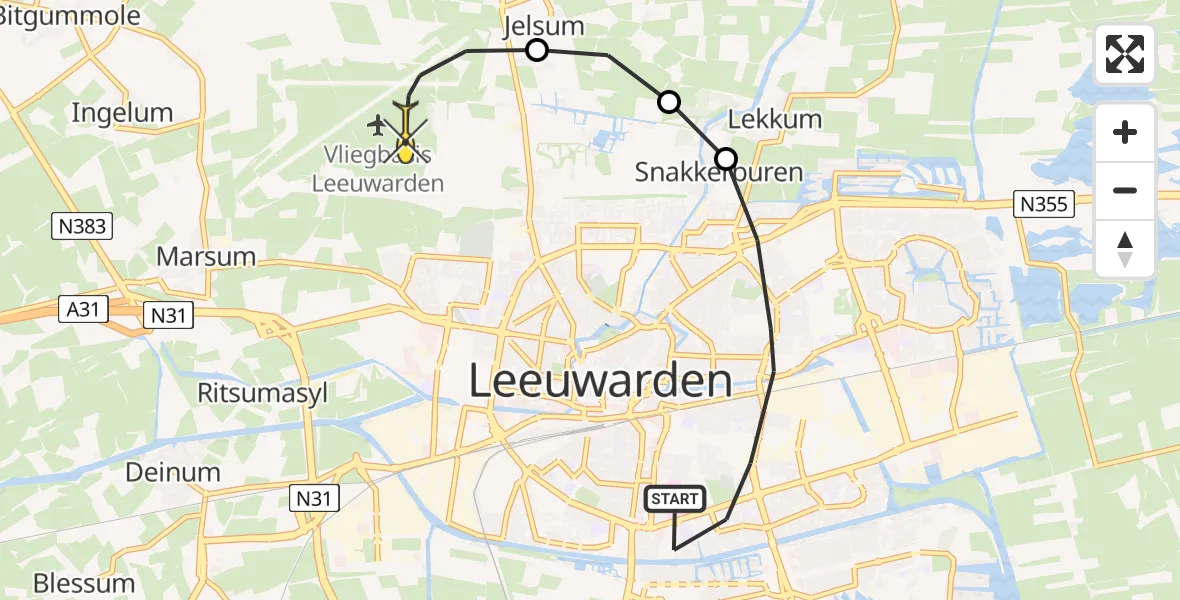 Vluchtroute Ambulancehelikopter van Leeuwarden naar Vliegbasis Leeuwarden