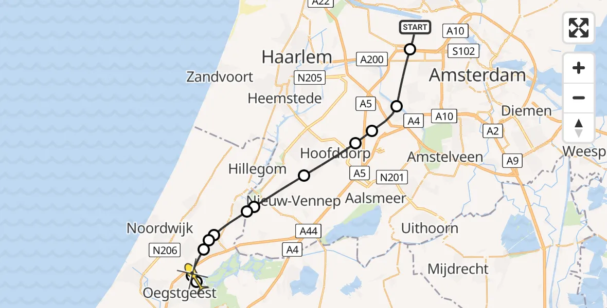 Routekaart van de vlucht: Lifeliner 1 naar Warmond, Nieuw-Zeelandweg