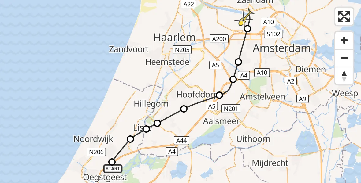 Routekaart van de vlucht: Lifeliner 1 naar Amsterdam Heliport, Rijksstraatweg