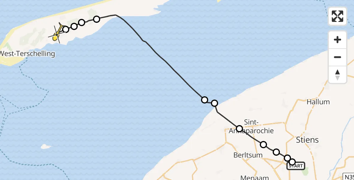 Routekaart van de vlucht: Ambulanceheli naar Midsland, Nijlânsdyk