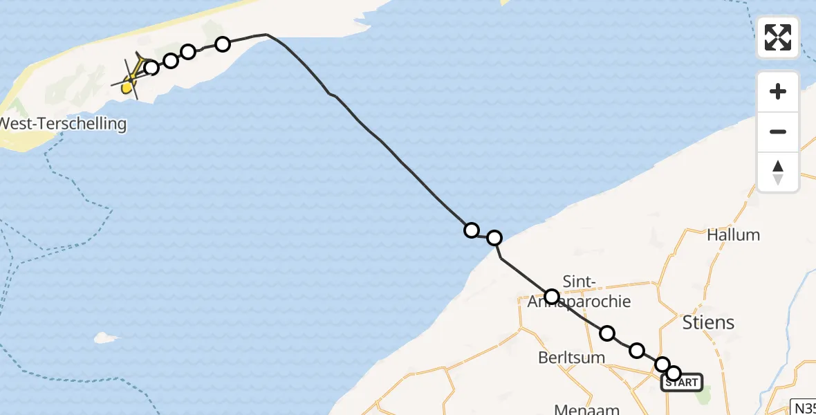 Routekaart van de vlucht: Ambulancehelikopter naar Midsland, Nijlânsdyk