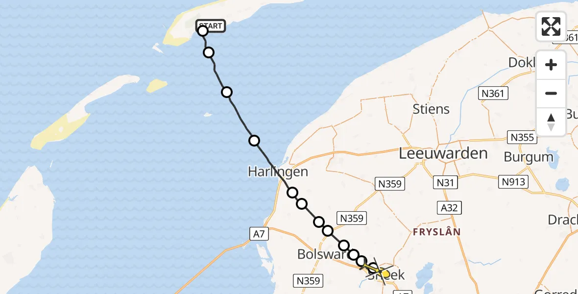 Routekaart van de vlucht: Ambulancehelikopter naar Ysbrechtum, Vogelmeer