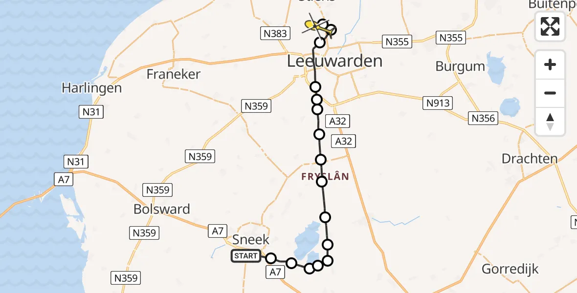 Routekaart van de vlucht: Ambulanceheli naar Vliegbasis Leeuwarden, Burgemeester Rasterhofflaan