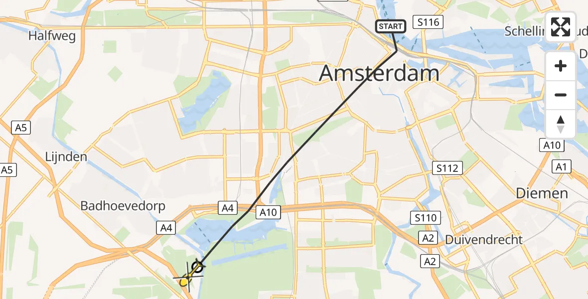 Routekaart van de vlucht: Politiehelikopter naar Badhoevedorp, Gravenstraat