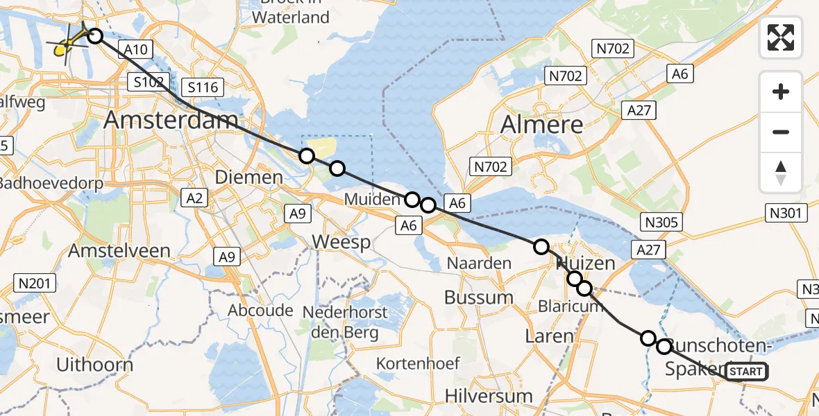 Routekaart van de vlucht: Lifeliner 1 naar Amsterdam Heliport, Bonte Poort