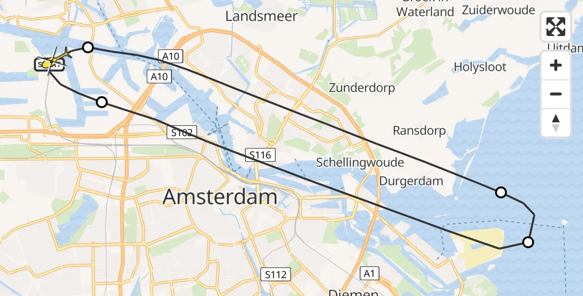 Routekaart van de vlucht: Lifeliner 1 naar Amsterdam Heliport, Westhaven