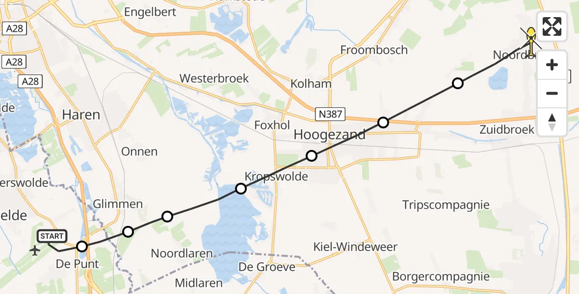 Routekaart van de vlucht: Lifeliner 4 naar Noordbroek, Groningerstraat