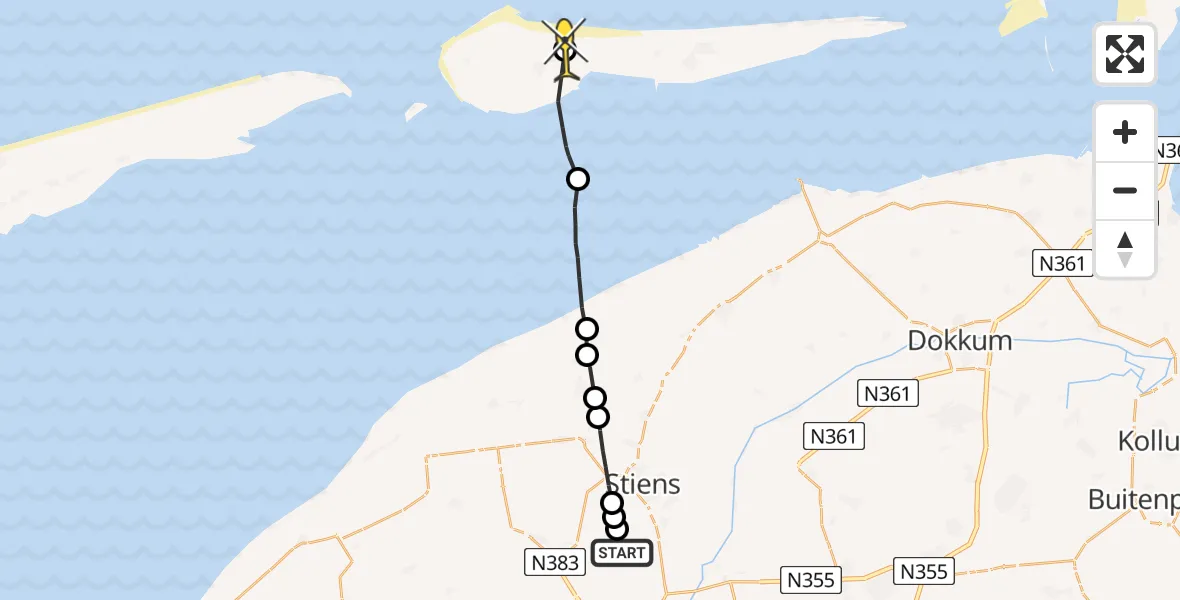 Routekaart van de vlucht: Ambulanceheli naar Ameland Airport Ballum, Efterste Dyk