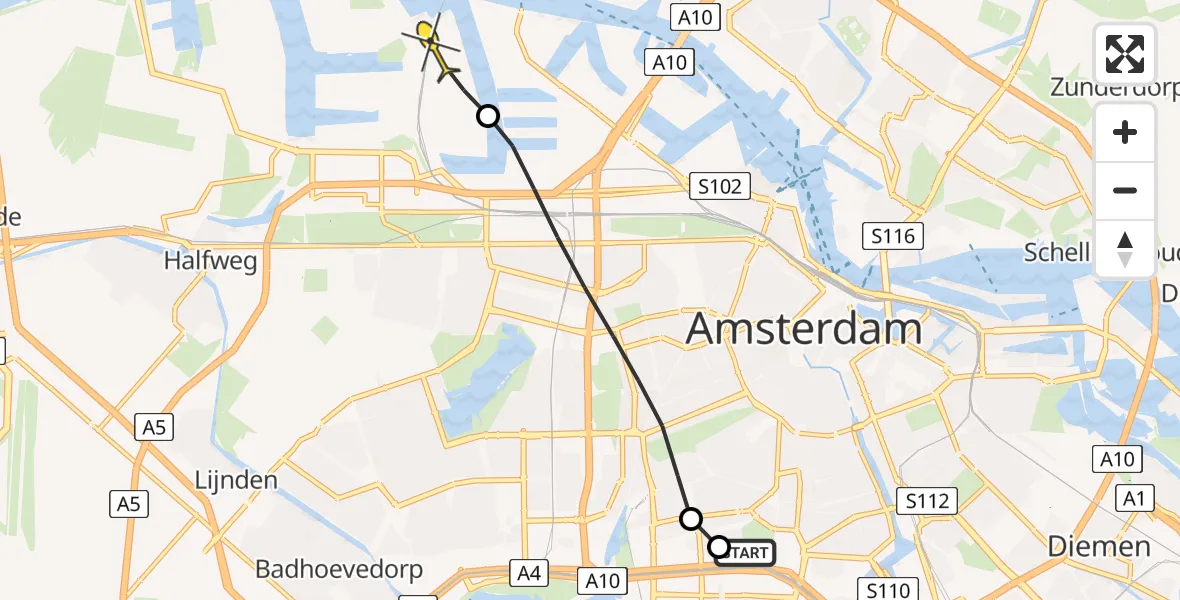 Routekaart van de vlucht: Lifeliner 1 naar Amsterdam Heliport, Patroclosstraat