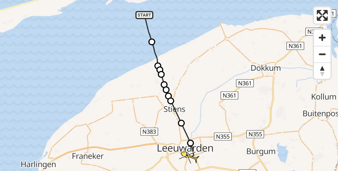 Routekaart van de vlucht: Ambulancehelikopter naar Leeuwarden, Aldlânsdyk