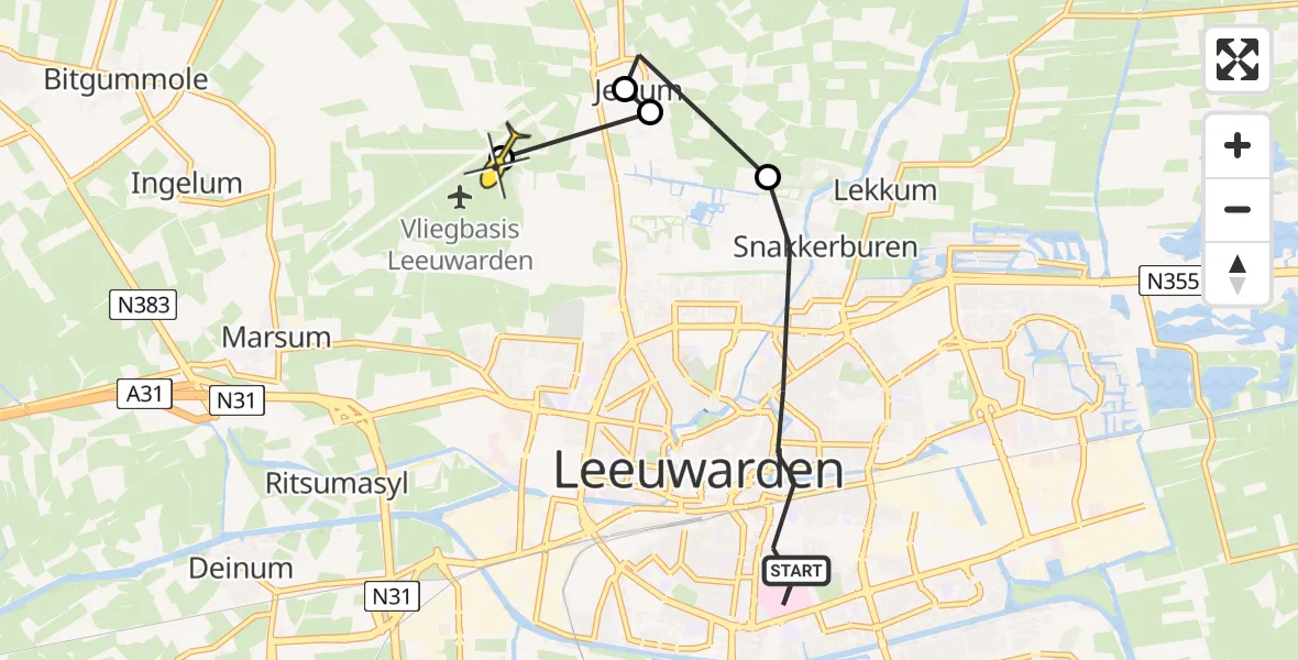 Vluchtroute Ambulancehelikopter van Leeuwarden naar Vliegbasis Leeuwarden
