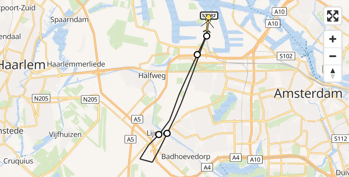 Routekaart van de vlucht: Lifeliner 1 naar Amsterdam Heliport, Nieuw-Zeelandweg