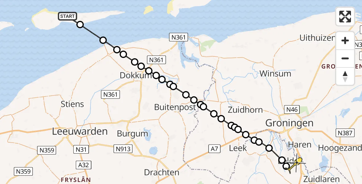 Routekaart van de vlucht: Lifeliner 4 naar Groningen Airport Eelde, Ballumerweg