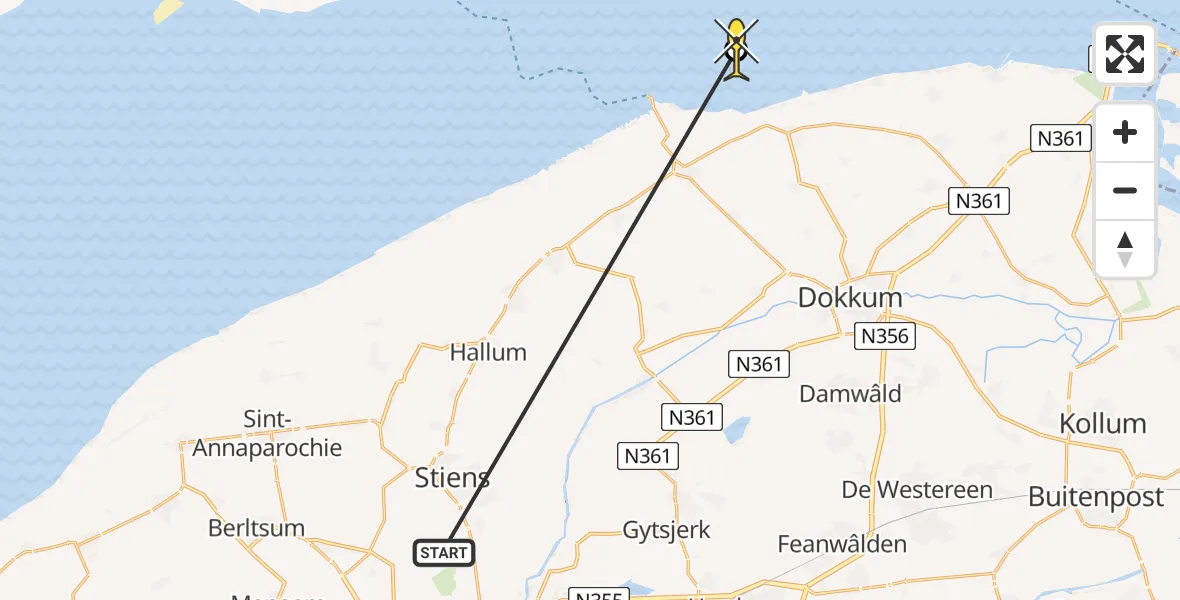 Routekaart van de vlucht: Ambulancehelikopter naar Ternaard