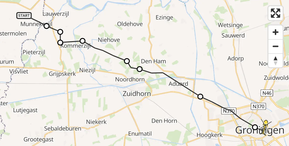 Routekaart van de vlucht: Ambulancehelikopter naar Universitair Medisch Centrum Groningen, Methardusstraat