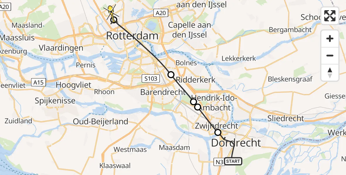 Routekaart van de vlucht: Lifeliner 2 naar Rotterdam The Hague Airport, Saturnuslaan