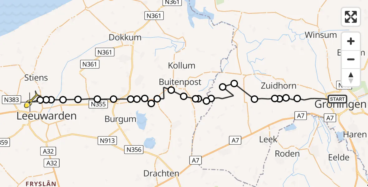 Routekaart van de vlucht: Ambulancehelikopter naar Vliegbasis Leeuwarden, Goudlaan