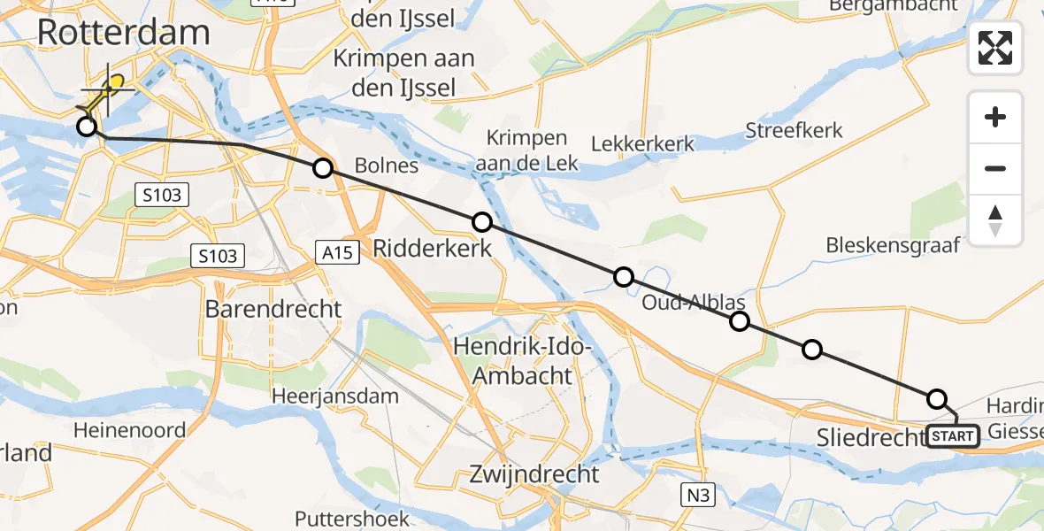 Routekaart van de vlucht: Lifeliner 2 naar Erasmus MC, Kweldamweg