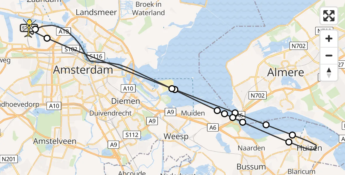 Routekaart van de vlucht: Lifeliner 1 naar Amsterdam Heliport, Kompasweg