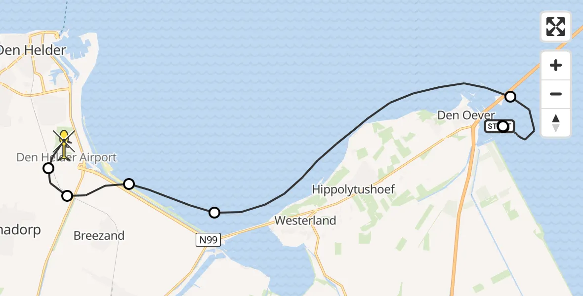 Routekaart van de vlucht: Kustwachthelikopter naar Vliegveld De Kooy, Sluiskolkkade