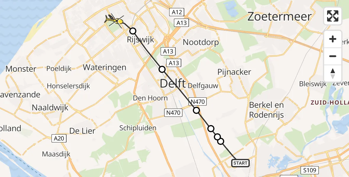 Routekaart van de vlucht: Lifeliner 2 naar Den Haag, Schieveense polder