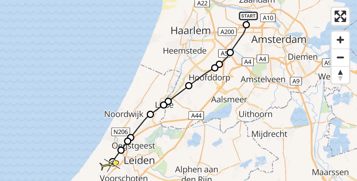 Routekaart van de vlucht: Lifeliner 1 naar Wassenaar, Nieuw-Zeelandweg