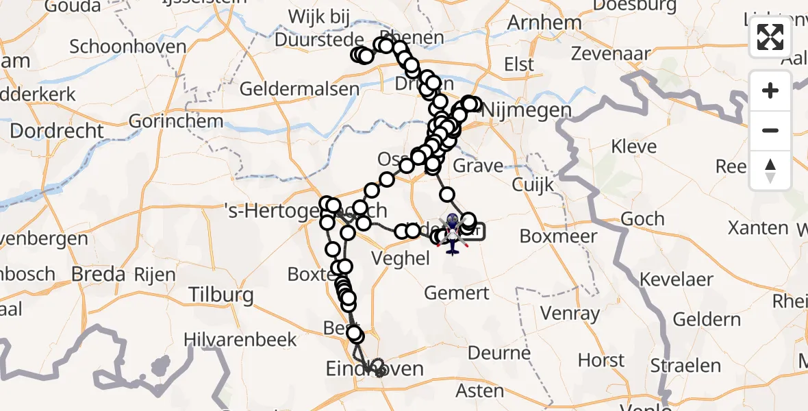 Vluchtroute Politiehelikopter van Vliegbasis Volkel naar Vliegbasis Volkel