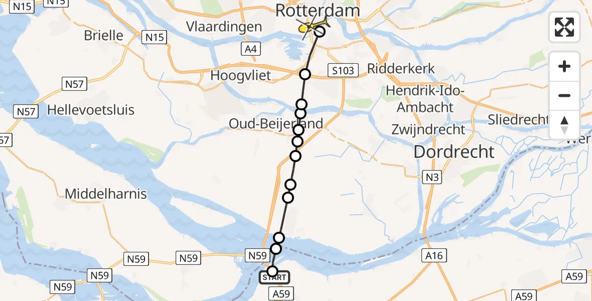 Routekaart van de vlucht: Lifeliner 1 naar Erasmus MC, Volkeraksluizen