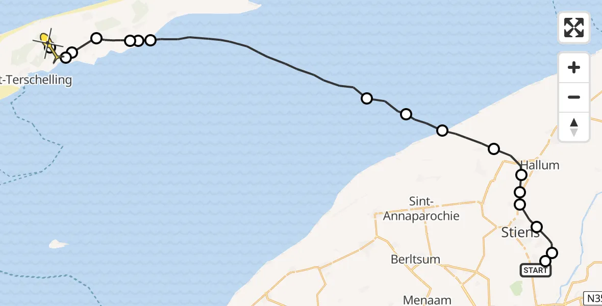 Routekaart van de vlucht: Ambulanceheli naar West-Terschelling, De Joussen