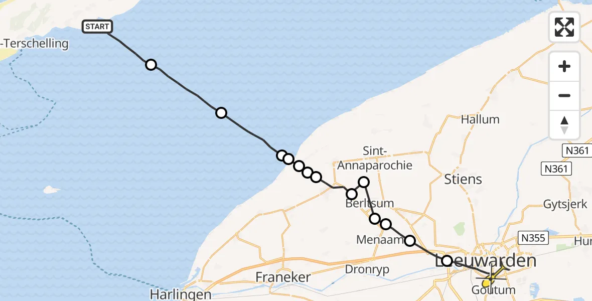 Routekaart van de vlucht: Ambulanceheli naar Leeuwarden, Aldlânsdyk