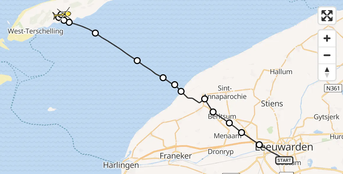 Routekaart van de vlucht: Ambulancehelikopter naar Midsland, Bordineweg