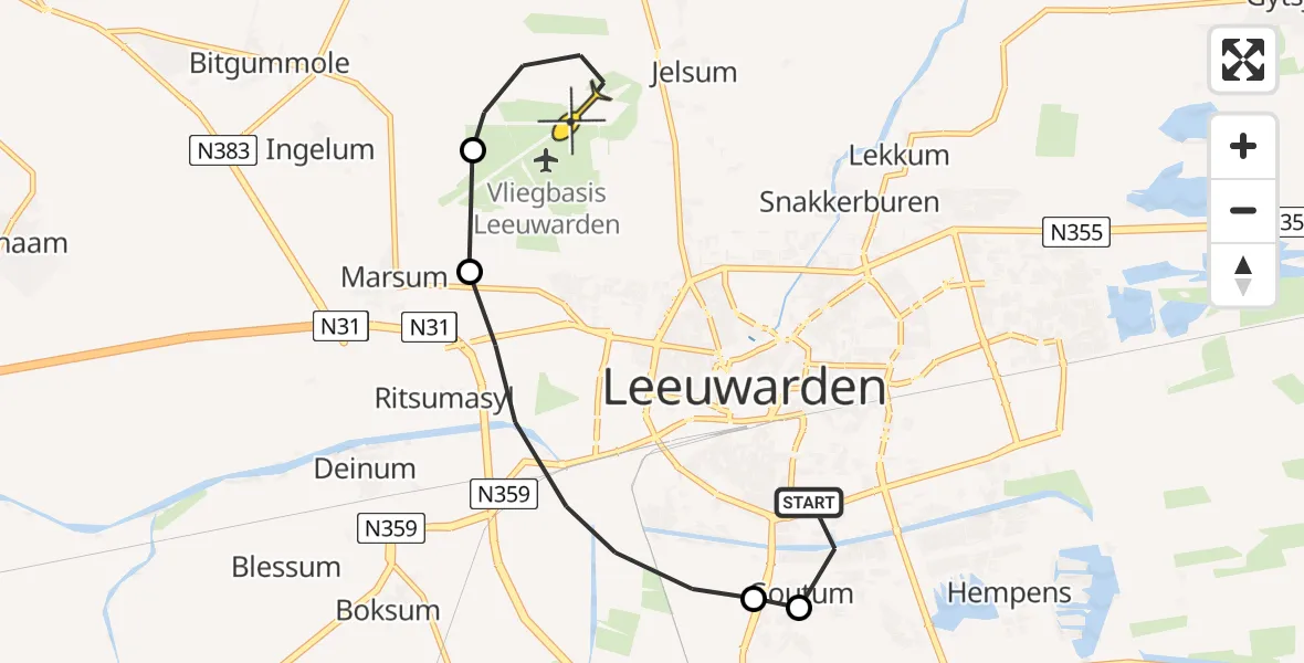 Vluchtroute Ambulancehelikopter van Leeuwarden naar Vliegbasis Leeuwarden