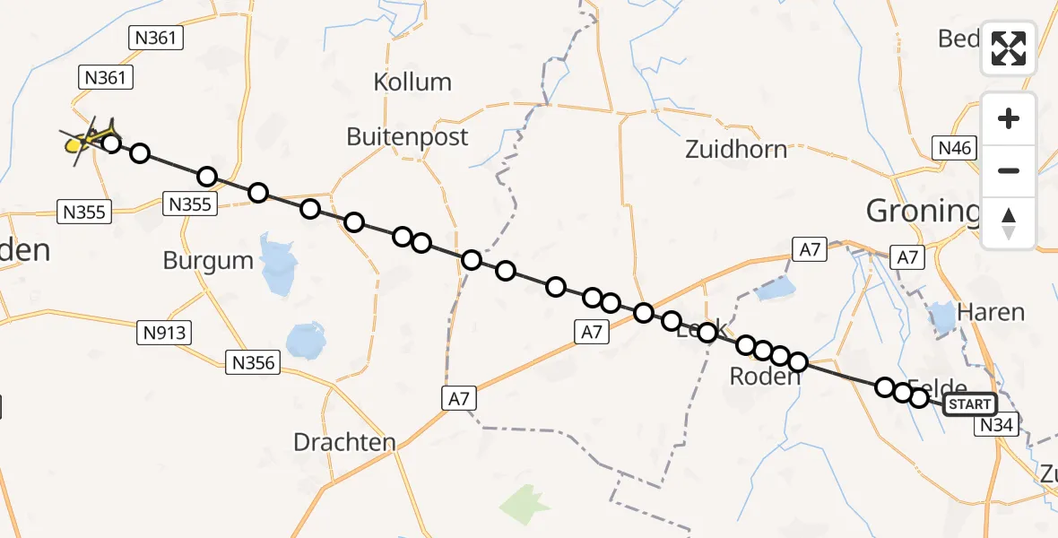 Routekaart van de vlucht: Lifeliner 4 naar Oentsjerk, Molenweg