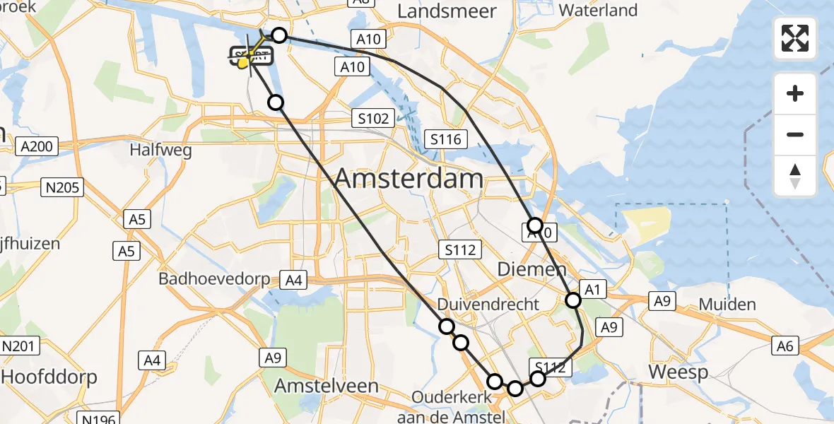 Routekaart van de vlucht: Lifeliner 1 naar Amsterdam Heliport, Corsicaweg