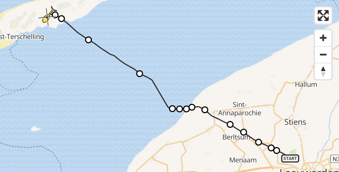 Routekaart van de vlucht: Ambulancehelikopter naar Midsland, Keegsdijkje