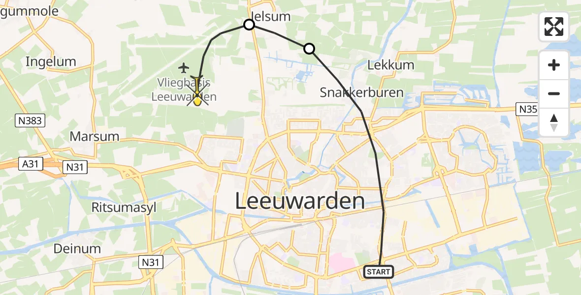 Vluchtroute Ambulancehelikopter van Leeuwarden naar Vliegbasis Leeuwarden