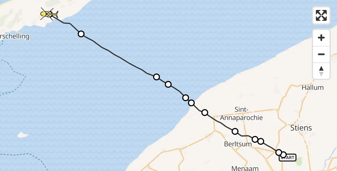 Routekaart van de vlucht: Ambulanceheli naar Landerum, Dyksterhuzen