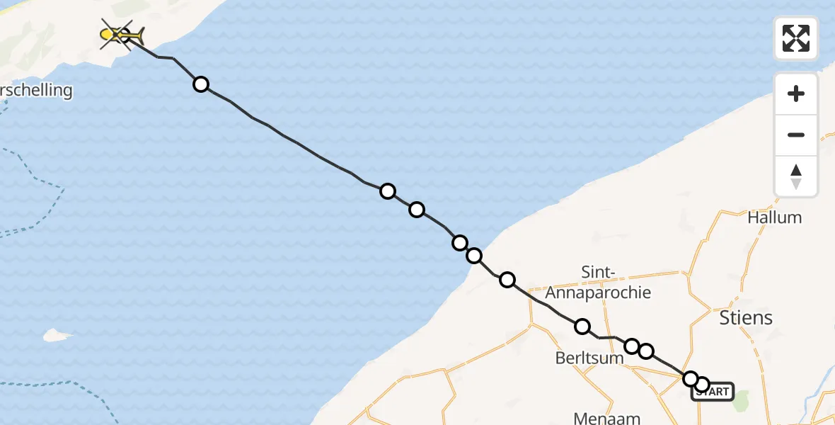 Routekaart van de vlucht: Ambulancehelikopter naar Landerum, Dyksterhuzen
