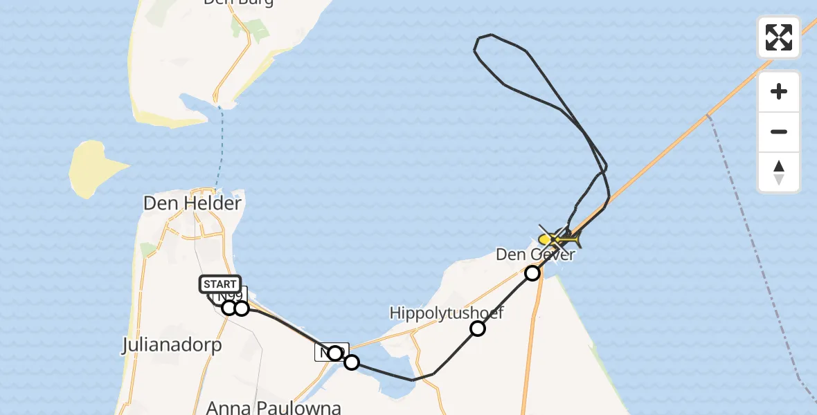 Routekaart van de vlucht: Kustwachthelikopter naar Den Oever, Middenvliet