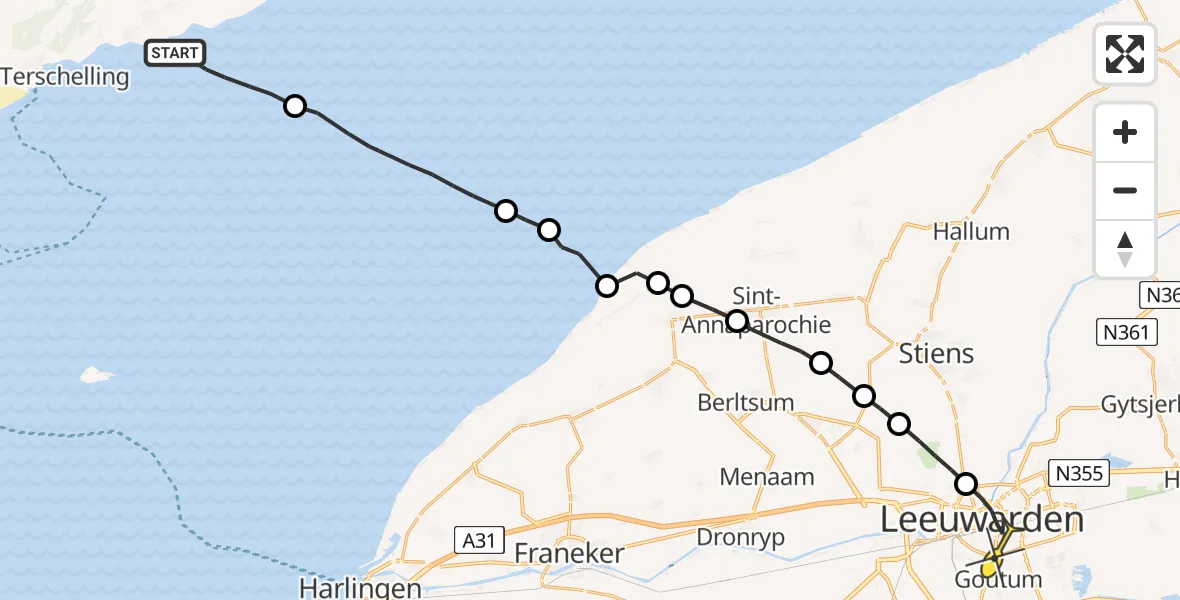 Routekaart van de vlucht: Ambulanceheli naar Leeuwarden, Borniastraat