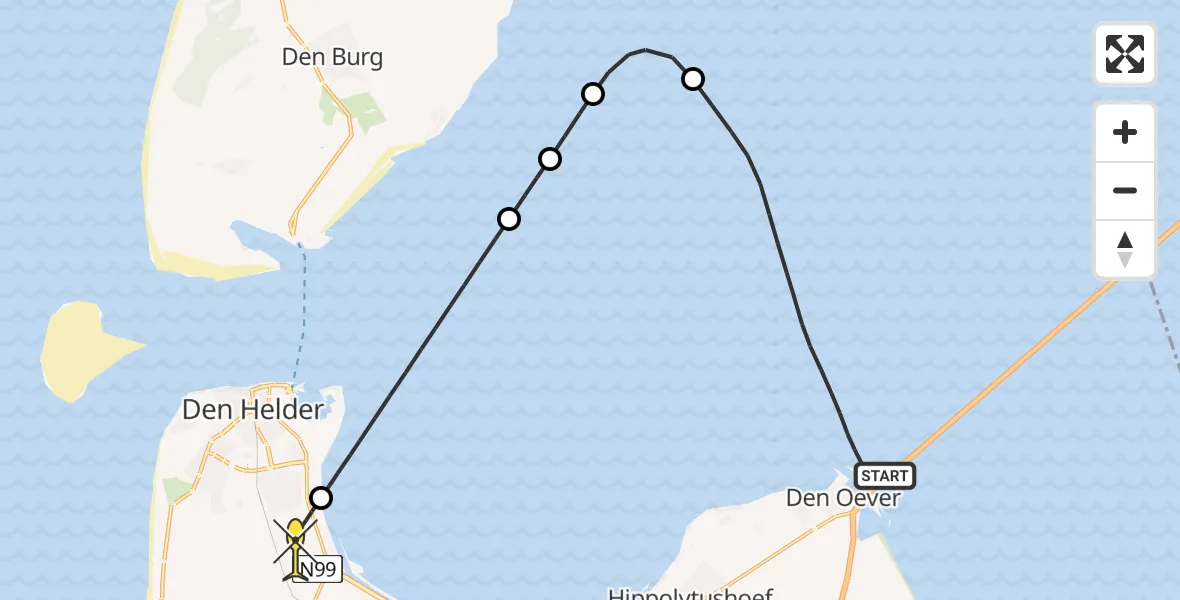 Routekaart van de vlucht: Kustwachthelikopter naar Vliegveld De Kooy, Vaarwater naar Den Oever